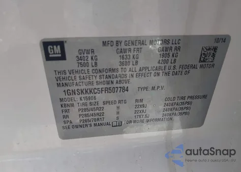 2015 Chevrolet Suburban 1500 Ltz z USA, uszkodzony, nr VIN 1GNSKKKC5FR507784